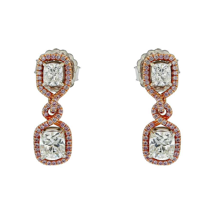 2.94ct Cushion Cut Diamond and 0.58ct Pink Diamond Halo Drop Earrings in 18K Rose Gold and Platinum