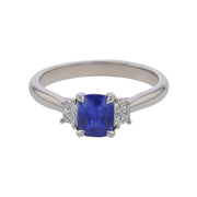 0.86ct Cushion Ceylon Sapphire 0.22ct Trapezoid Diamonds 3 Stone Ring in 18K White Gold, size 6
