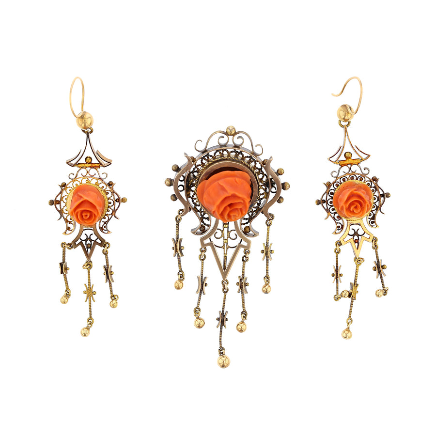 Coral Victorian Earrings and Brooch Set in 14K Yellow Gold (Circa 1870)