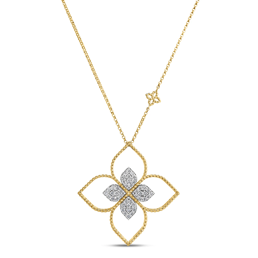 Princess 0.43ct Diamond Flower Pendant in 18K Yellow and White Gold, 17" chain