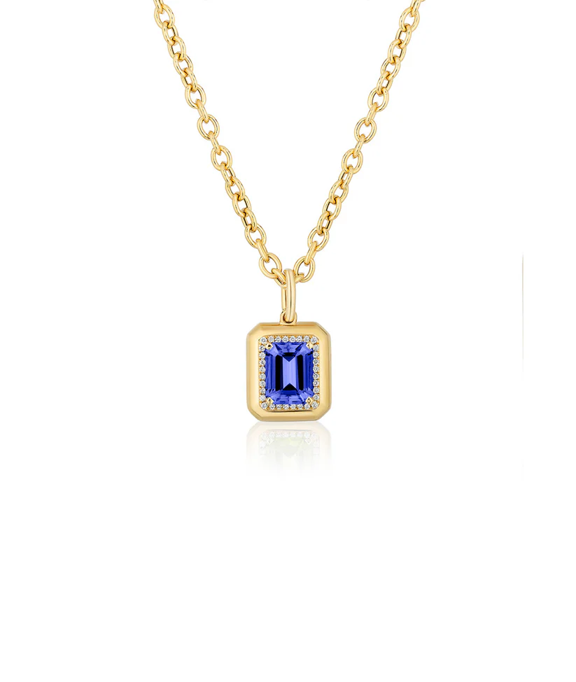 G-Classics 2.63ct Emerald Cut Tanzanite and 0.12ct Diamond Halo Pendant in 18K Yellow Gold, 18" chain