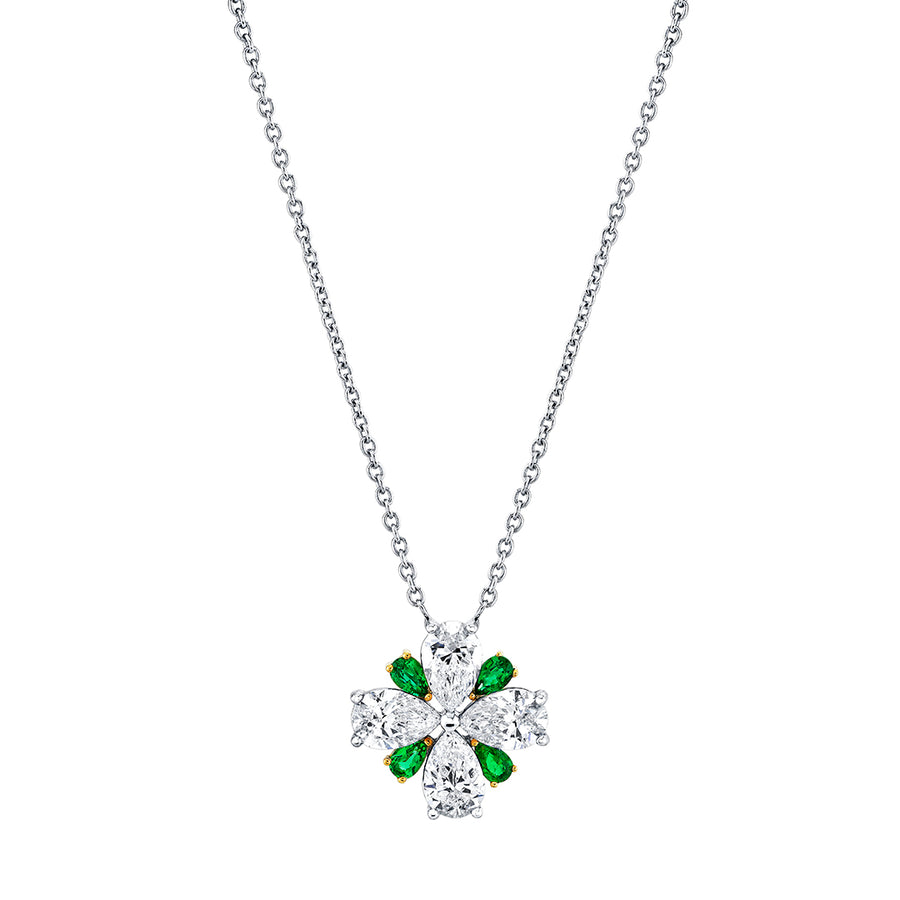 Scallop Jubilee 0.75ct Pear Shaped Diamond and 0.18ct Pear Shaped Emerald Necklace in 18K White and Yellow Gold, 18"