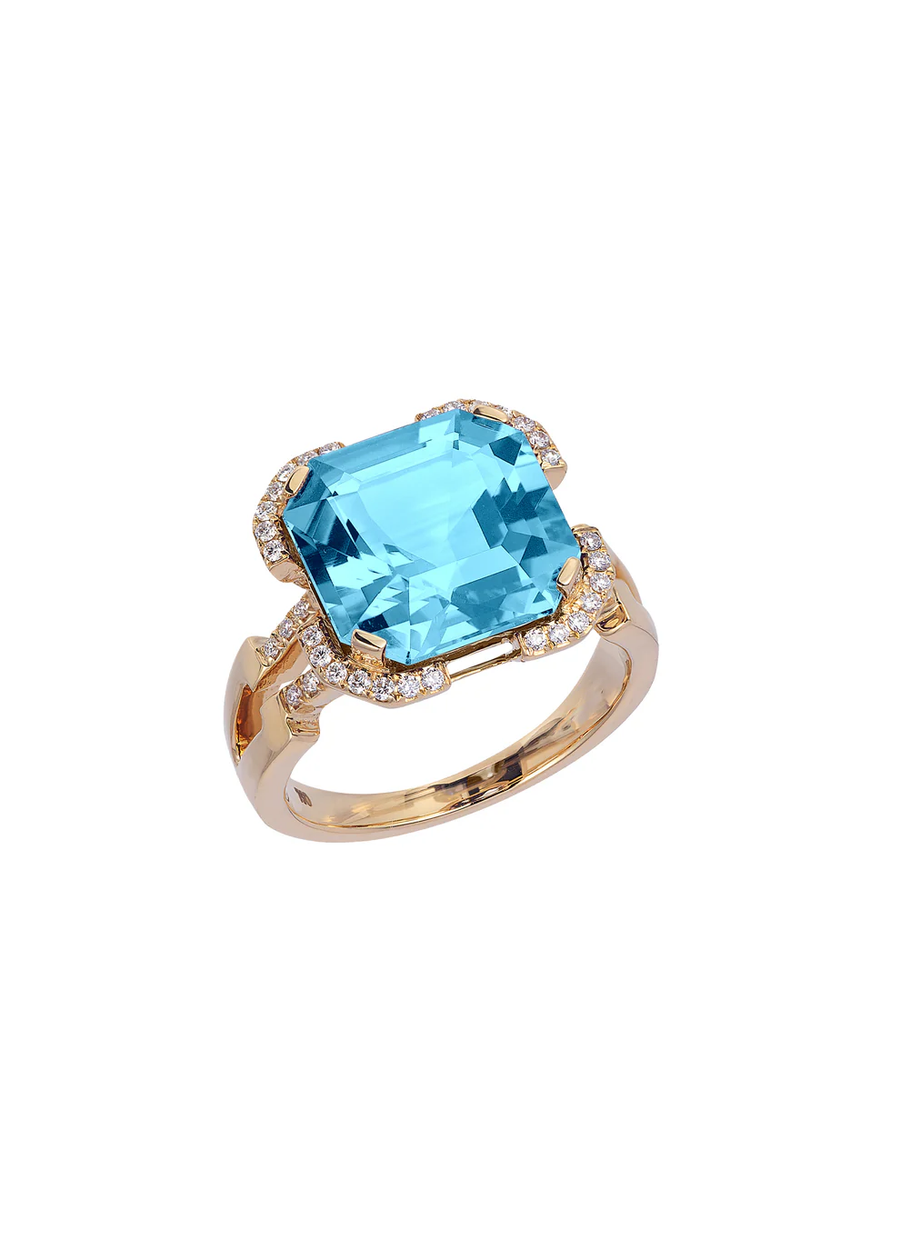 Gossip 9.70ct Asscher Cut Blue Topaz and 0.24ct Round Diamond Ring in 18K Yellow Gold, size 7