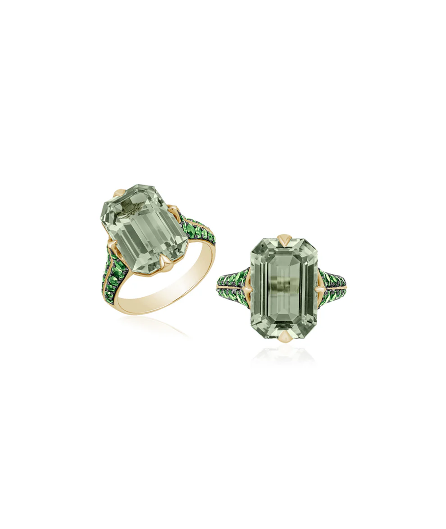 Rainforest 6.44ct Emerald Cut Prasiolite and 0.75ct Tsavorite Ring in 18K Yellow Gold and Black Rhodium