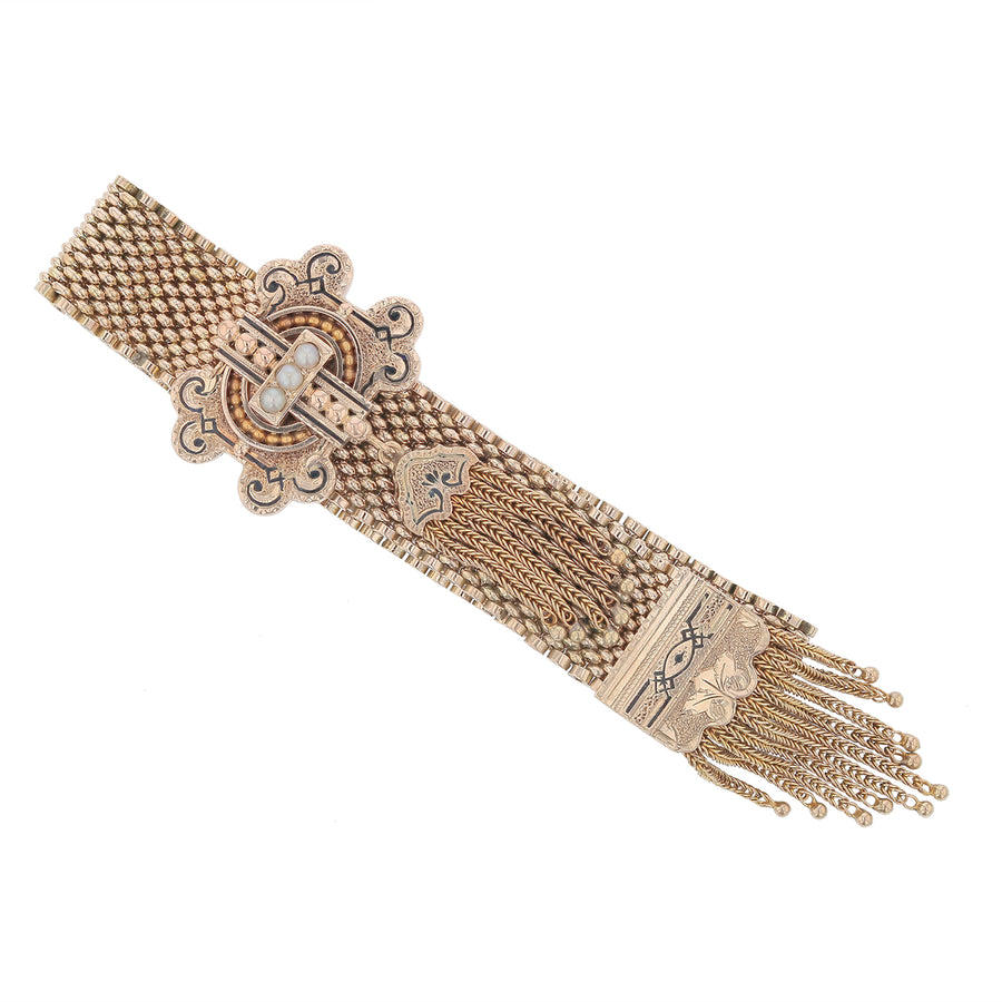 Seed Pearl and Enamel Tassel 1950's Pull Through Chain Mesh Bracelet in 14K Yellow Gold