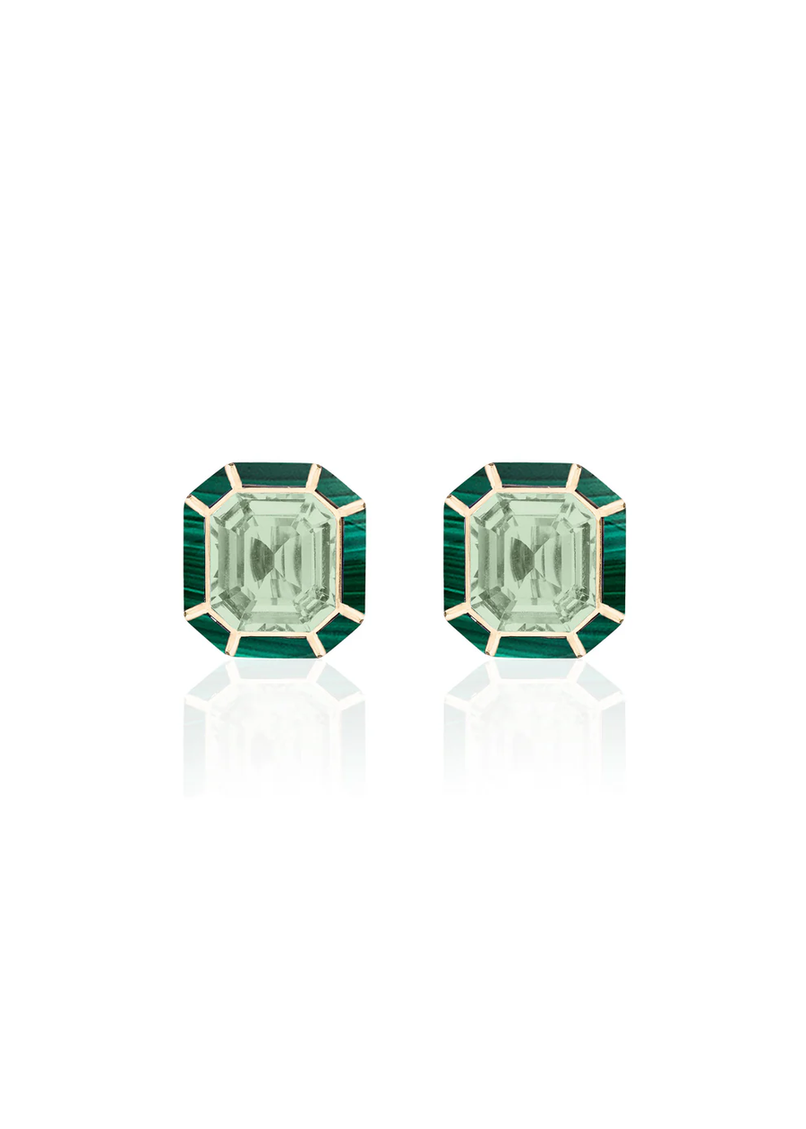 Mélange 5.01ct Emerald Cut Prasiolite and 1.89 Malachite Stud Earring in 18K Yellow Gold