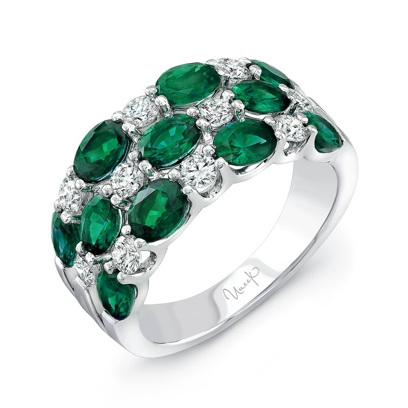 2.38ct Oval Emerald and 0.63ct Diamond 3 Row Checkerboard Ring in 18K White Gold