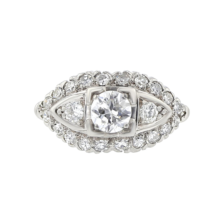 0.48ct Round Brilliant Diamond, 0.18ct Round Diamond, and 0.42ct Single Cut Diamond Art Deco Ring in Platinum