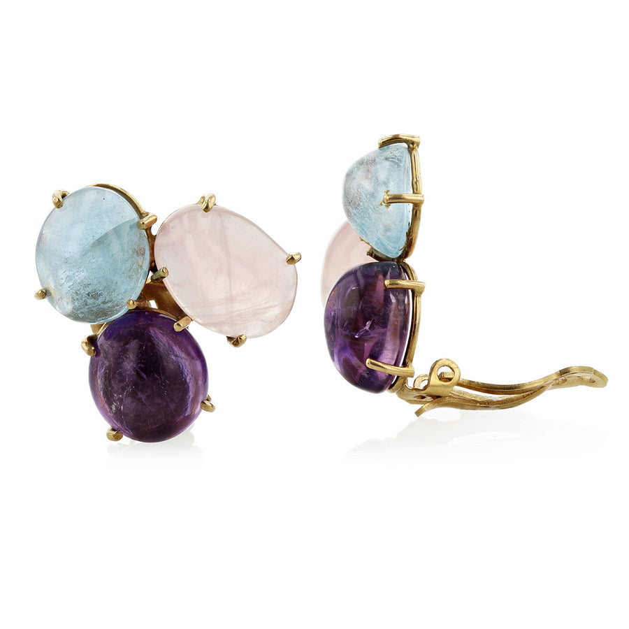 Cabochon Triangle Cluster Clipback Earrings with Amethyst, Rose Quartz, and Blue Tourmaline in 14K Gold