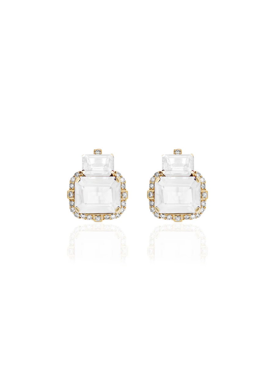 Gossip 7.52ct Emerald Cut Moon Quartz and 0.42ct Round Diamond Stud Earrings in 18K Yellow Gold