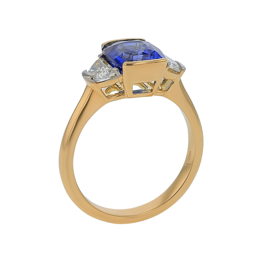 3.07ct Cushion Sri Lankan Sapphire and 0.51ct Diamond 3-Stone Ring in 18K Yellow Gold, Size 6.5