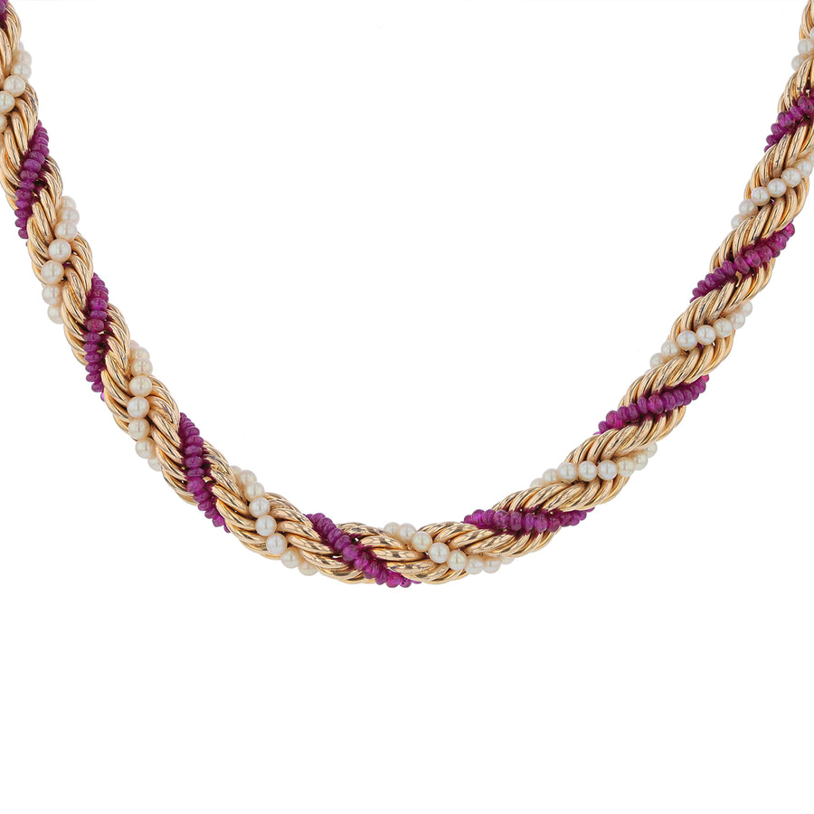 2-2.5mm Ruby Bead and 2.5-3mm Seed Pearls 16" Necklace in 14K Yellow Gold with Push in Clasp