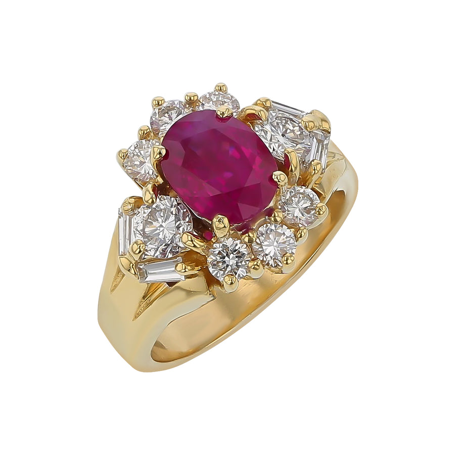 2.26ct Ruby and 1.15ct I-J/Si1-SI2 Diamond Halo Ring in 18K Yellow Gold, size 6