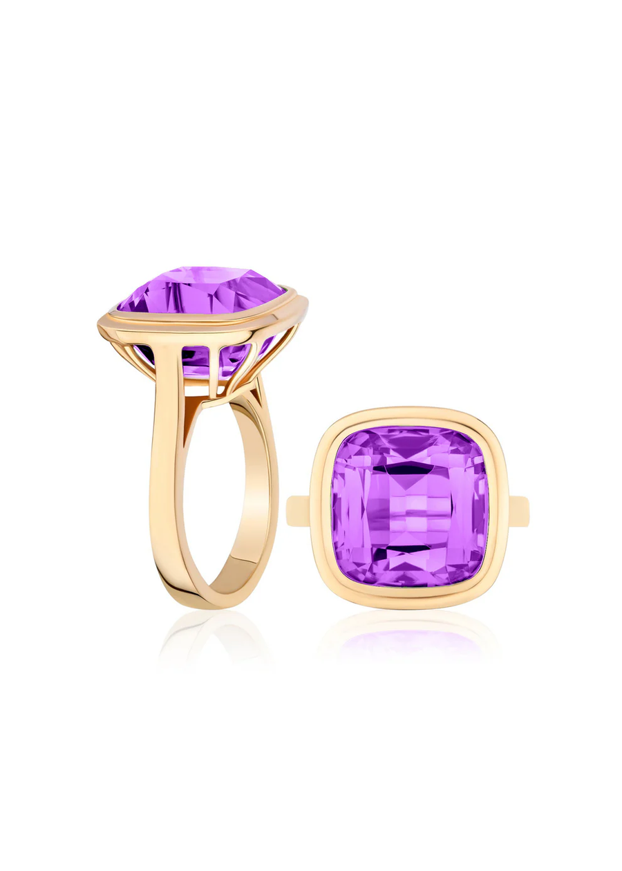 Manhattan 7.10ct Cushion Cut Amethyst Ring in 18K Yellow Gold, 6.75