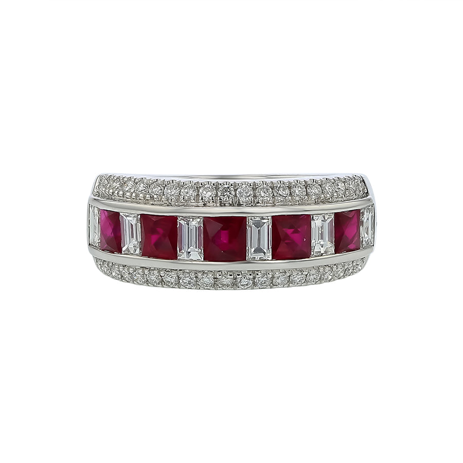 1.35ct Princess Cut Ruby 0.55ct Baguette Diamond and 0.35ct Round Diamond Ring in 14K White Gold, 6.5