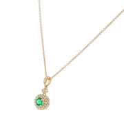 0.42ct 5mm Round Zambian Emerald and 0.17ct Full Cut Diamonds Halo Pendant Necklace on 18" Chain in 14k Yellow Gold