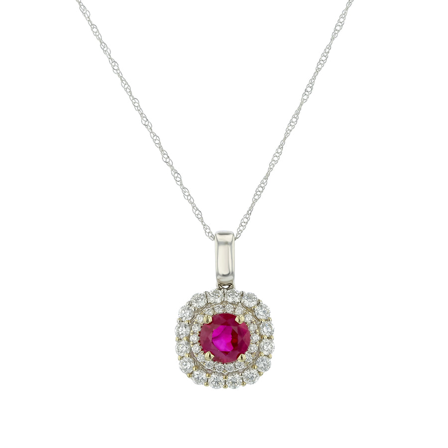 1.29ct Round Ruby and 0.63ct Diamond Double Halo Pendant in 14K White Gold, 18" chain