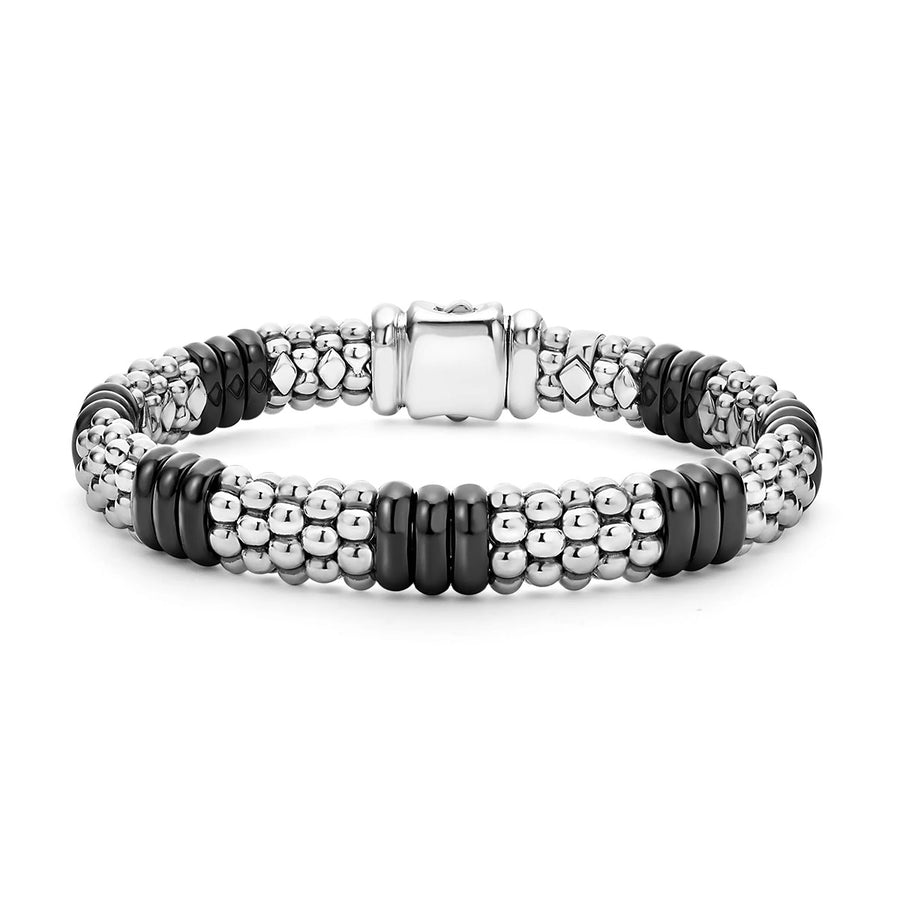 Black Caviar 9mm 7 Station Bracelet in Sterling Silver and Ceramic, Size 7