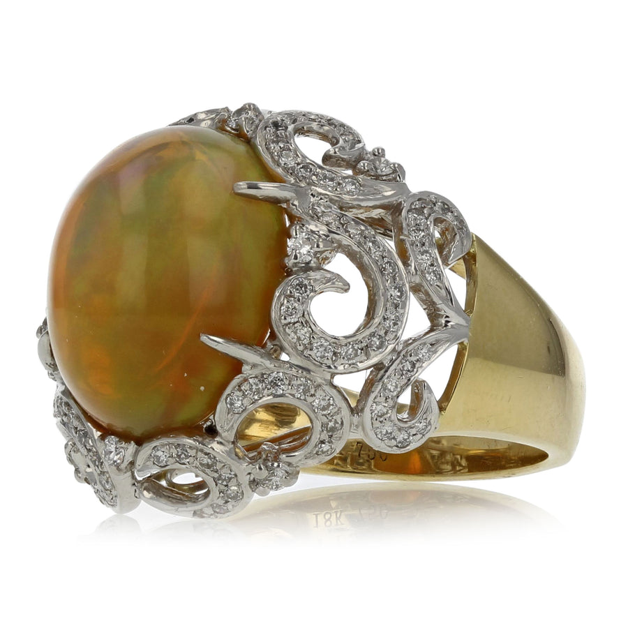 7.64ct Oval Cabochon Opal and 0.50ct Diamond Scroll Design Ring in 18K Yellow Gold and Platinum