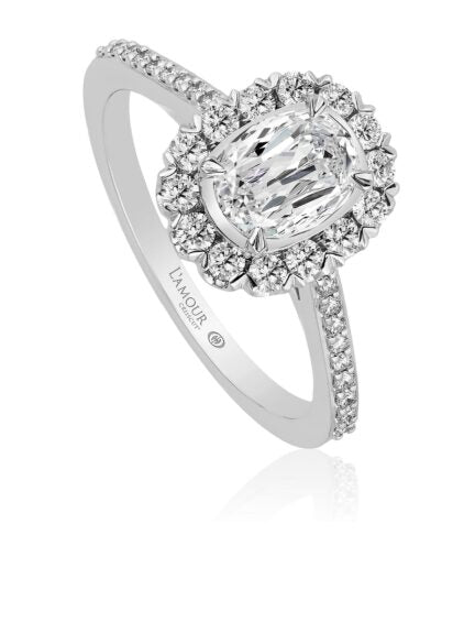 0.72ct Crisscut L'amour Oval Diamond and 0.53ct Diamond Halo Ring in 18K White Gold, Size 6.5