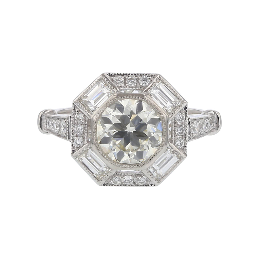 1.47ct Old European Cut Diamond M/VS2 GIA 0.77ct Full Cut and Baguette Diamond Ring in Platinum