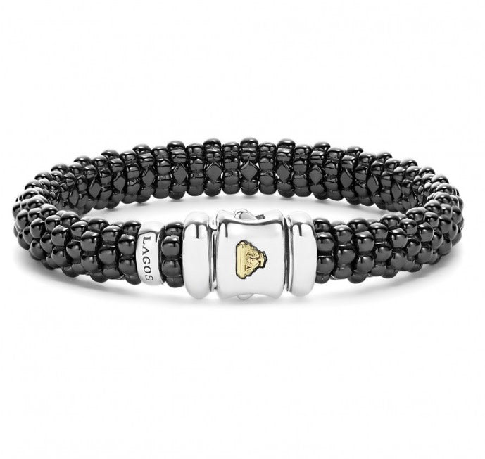 Black Caviar 9mm Bracelet in Sterling Silver and Ceramic, Size 7