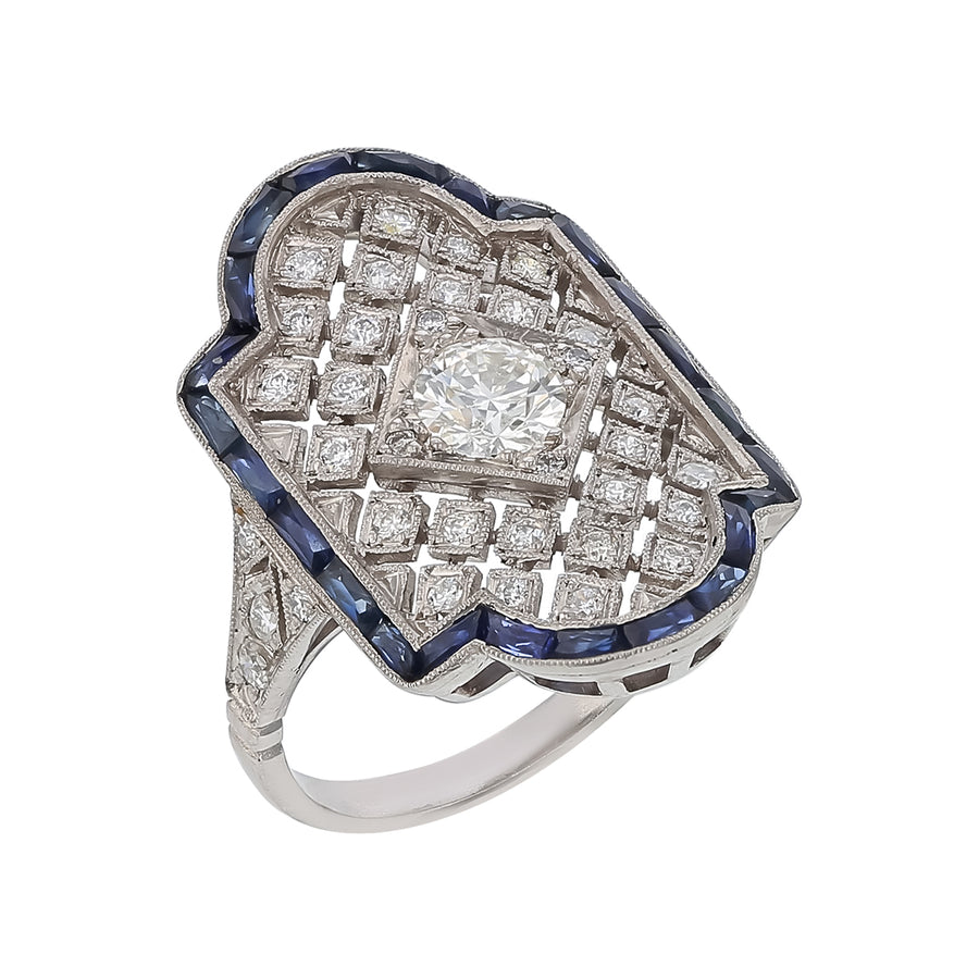 0.56ct Old European Cut Diamond, 0.53ct Diamond and 2.70ct Sapphire Ring in Platinum, size 7