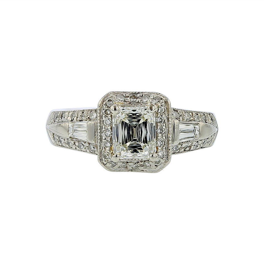 Christopher Designs 0.80ct Emerald Cut Diamond I/SI1 0.28ct Tapered Baguettes and 0.27ct Round Diamond Halo Ring in Platinum Size 5.75