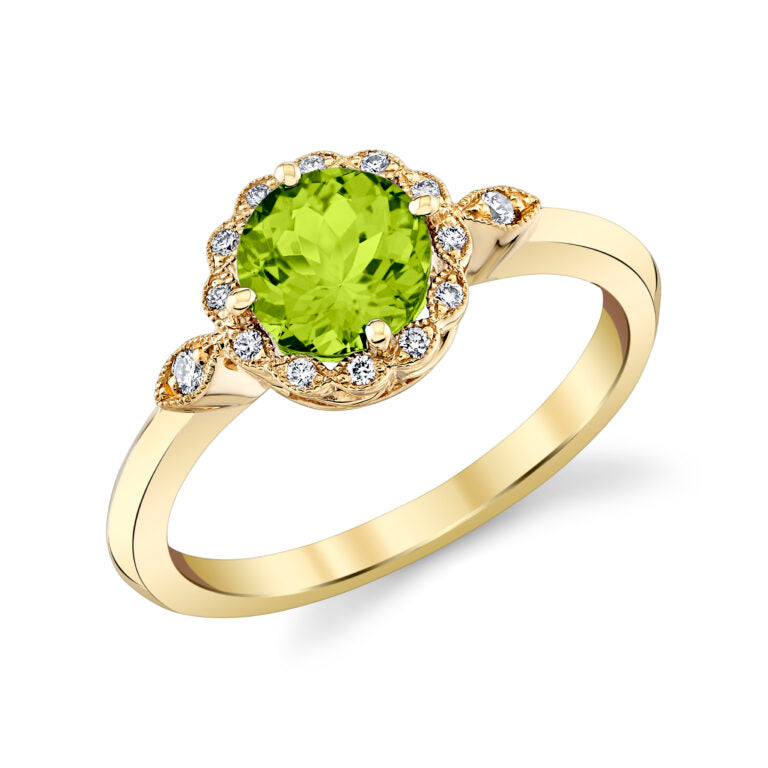 1.12ct Peridot and 0.07ct Diamond 6.5mm Halo Ring in 14K Yellow Gold, size 6.5