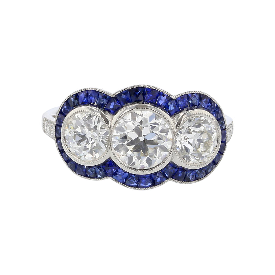 2.08ct Old European Cut Diamonds and 0.80ct French Cut Sapphire Ring in Platinum