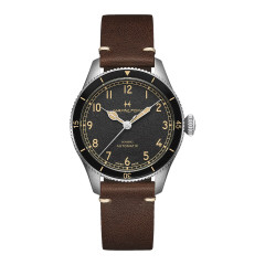 38mm Hamilton Khaki Aviation Pilot Pioneer Watch in Stainless Steel with Black Arabic Dial, Black Bezel, and Calf Strap