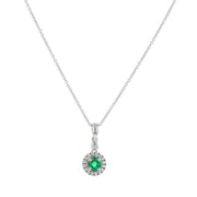 0.49ct 5mm Round Zambian Emerald and 0.17ct Full Cut Diamonds Halo Pendant Necklace on 18" Chain in 14k White Gold