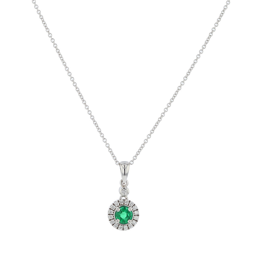 0.49ct 5mm Round Zambian Emerald and 0.17ct Full Cut Diamonds Halo Pendant Necklace on 18" Chain in 14k White Gold