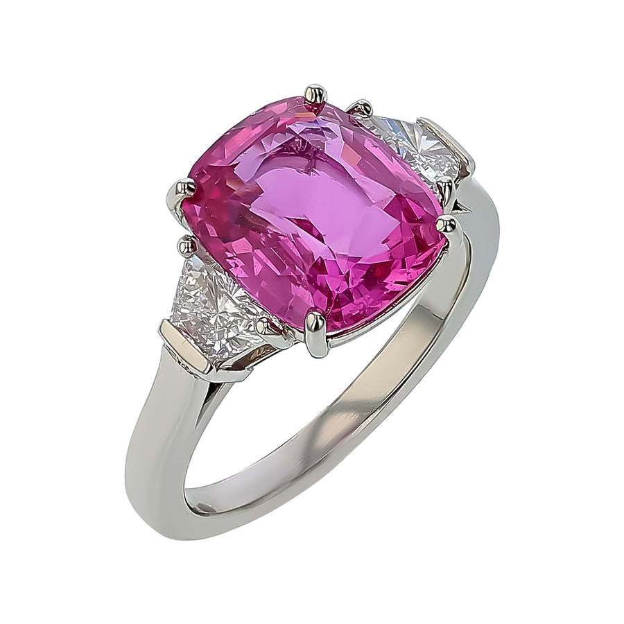 5.55ct Cushion Padparadscha Sapphire and 0.65ct Diamond Ring in Platinum, size 6.5