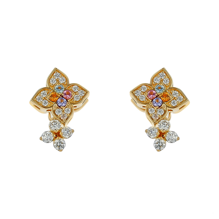 Arabesque 0.33ct Diamond, Blue Topaz, Ruby, Citrine, Tanzanite Flower Earrings in 18K Yellow Gold