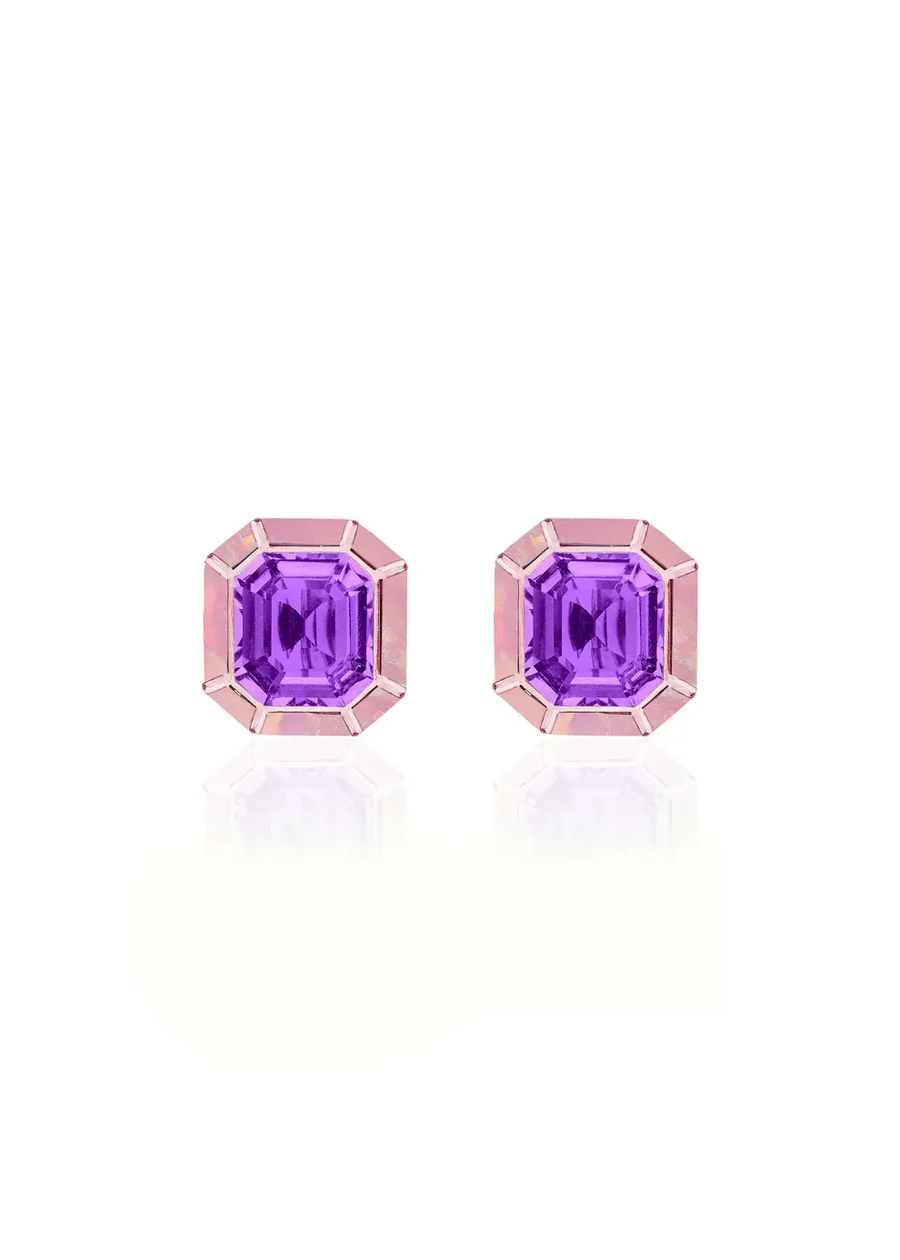 Melange 6.75ct Emerald Cut Amethyst and 1.17ct Pink Opal Stud Earrings in 18K Rose Gold