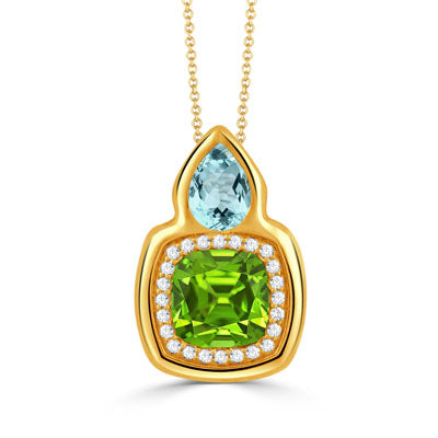 2.42ct Peridot, 0.78ct Blue Topaz and 0.13ct Diamond Pendant in 18K Yellow Gold without Chain