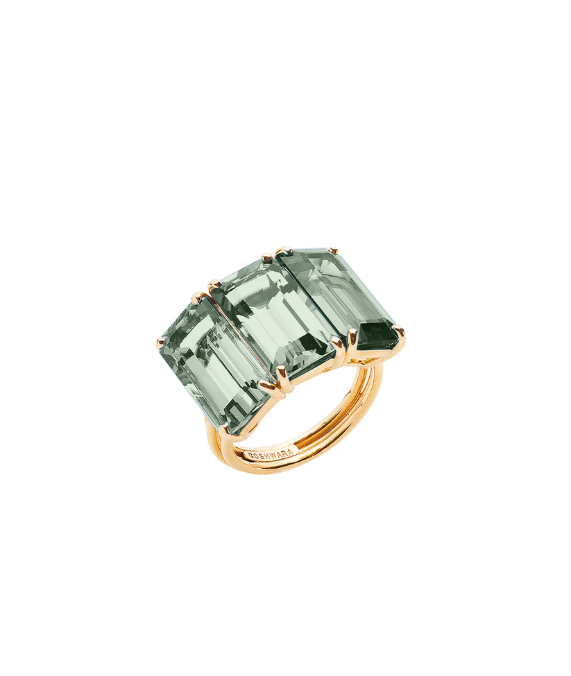 Gossip ring featuring a 6.99 carat Asscher cut prasiolite accented with 0.24 carats total weight of diamonds in 18K yellow gold, size 6.5.