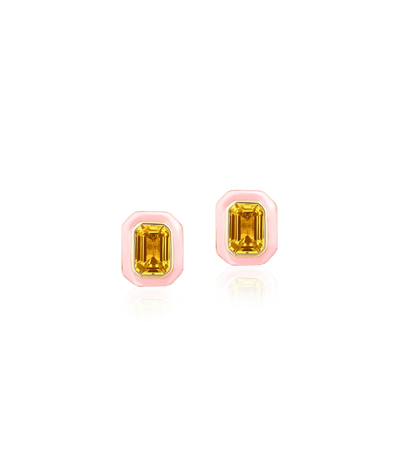 Queen 1.60ct Emerald Cut Citrine Stud Earrings in 18K Yellow Gold and Pink Enamel