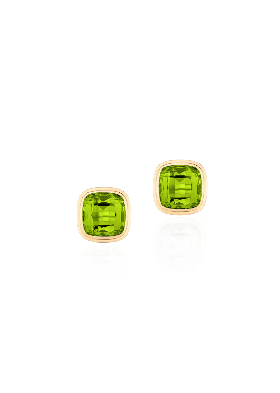 Manhattan 3.30ct Cushion Cut Peridot Bezel Set Studs Earrings in 18K Yellow Gold