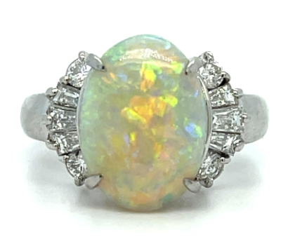 3.85ct Australian Fire Opal and 0.81ct Diamond Ring in Platinum, Size 7.5