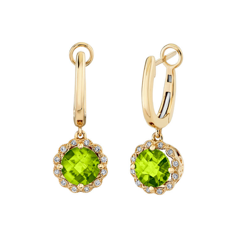 1.72ct Peridot and 0.13ct Diamond Halo Drop Earrings in 14K Yellow Gold