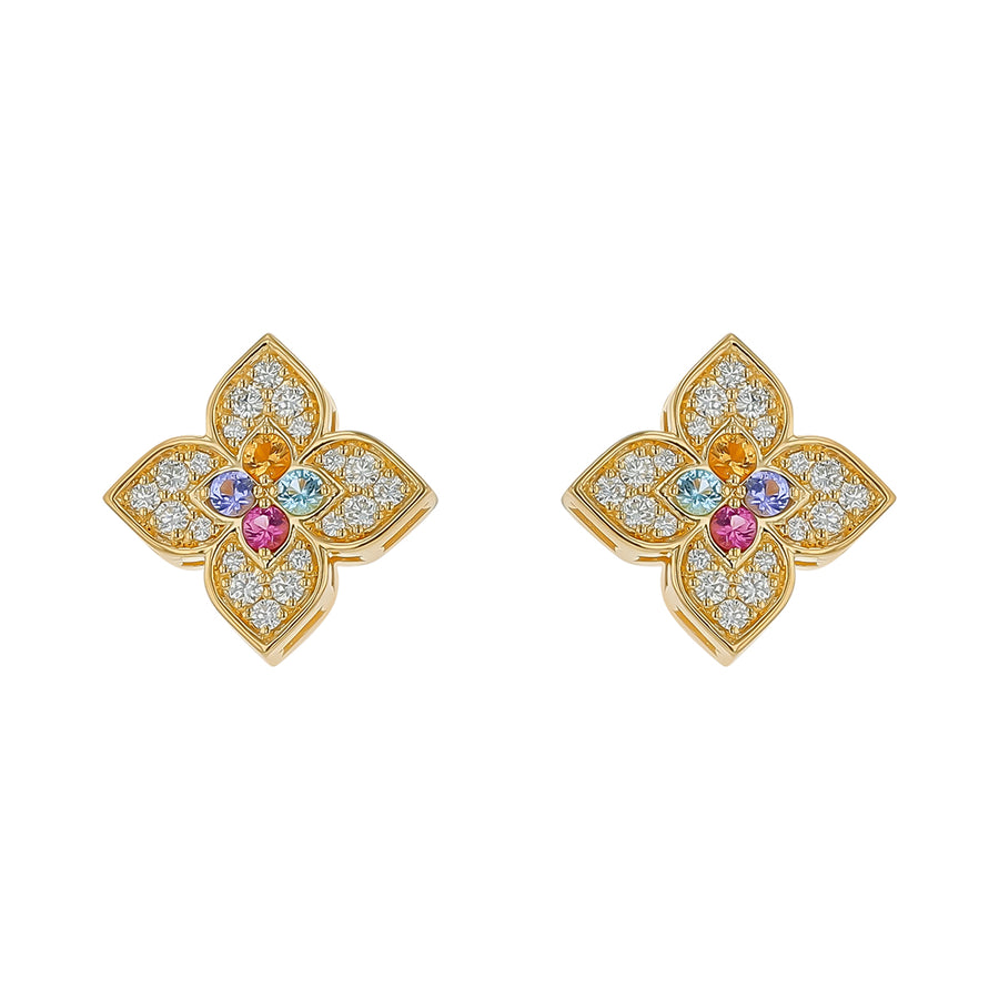Arabesque 0.62ct Diamond, Blue Topaz, Tanzanite, Ruby, and Citrine Flower Earrings in 18K Yellow Gold
