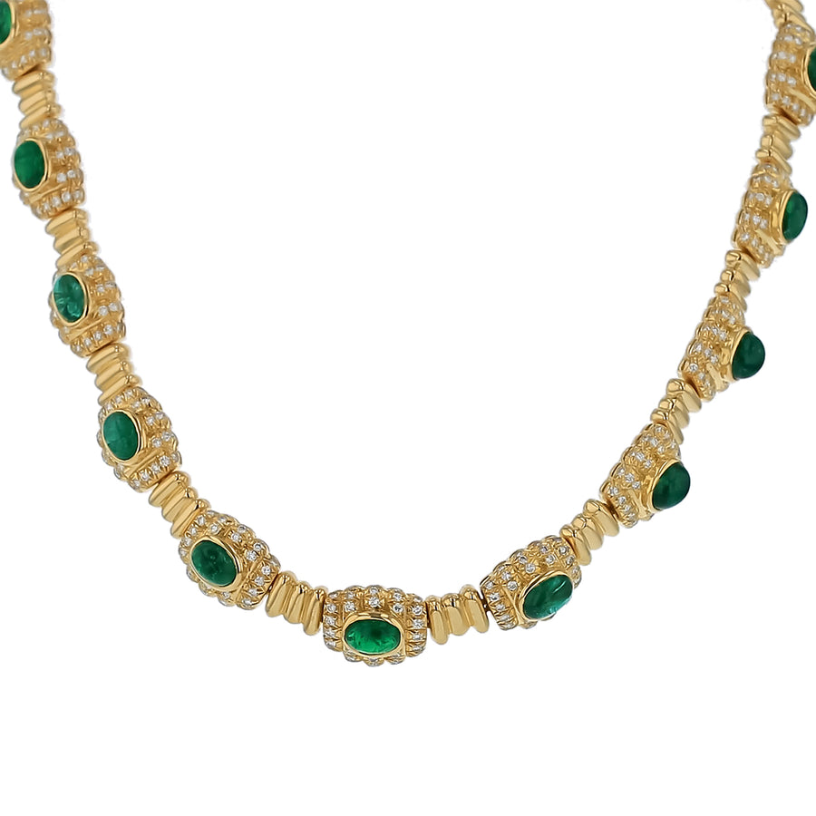 26.35 Oval Cabochon Emerald and 7.65ct Diamond Necklace in 18K Yellow Gold, 15.5"
