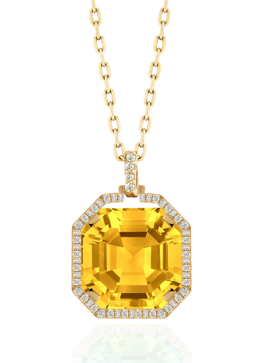 Gossip 7.64ct Asscher Cut Citrine and 0.26ct Diamond Halo Pendant in 18K Yellow Gold, 16" chain