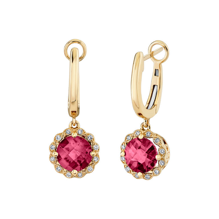 1.96ct Rhodolite and 0.13ct Diamond Halo Drop Earrings in 14K Yellow Gold