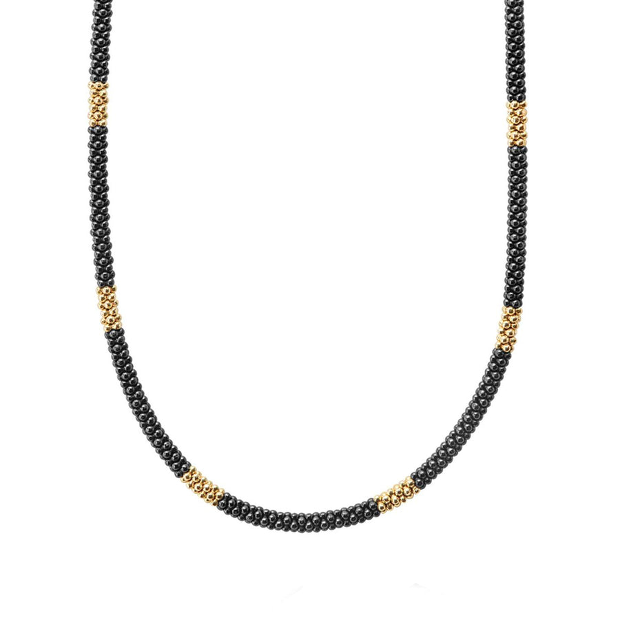 Black Caviar Beaded Necklace in 18K Yellow Gold and Ceramic, 18in