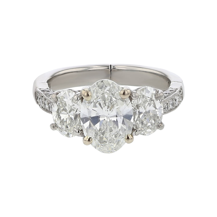 2.00ct Oval Diamond Center 1.20ct Oval Diamond Sides H/VS2 and 0.42ct Full Cut Diamonds Ring with Fingermate Shank in Platinum and 14k White Gold Size 7