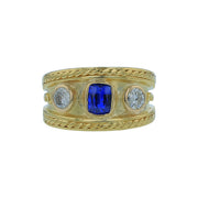 0.85ct Cushion Sapphire and 0.44ct Diamond Tapered Band in 18K Yellow Gold, Size 8.5