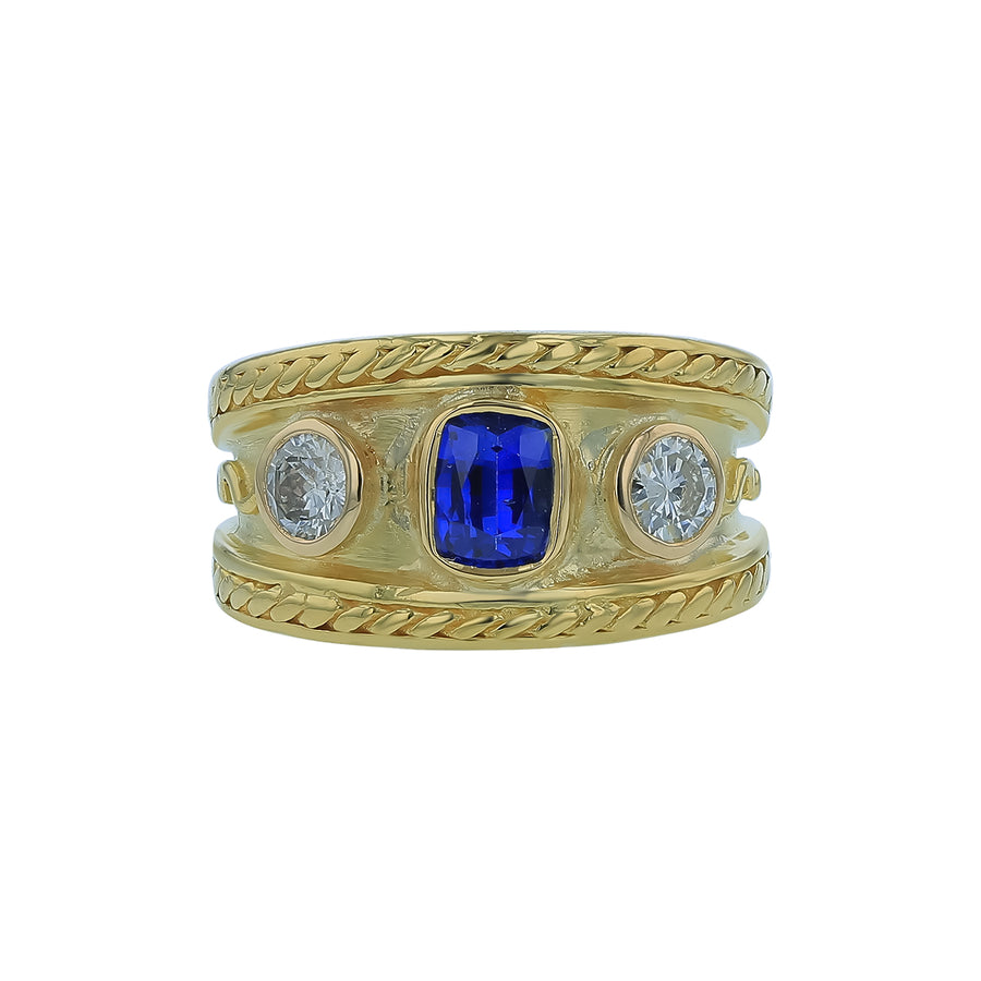 0.85ct Cushion Sapphire and 0.44ct Diamond Tapered Band in 18K Yellow Gold, Size 8.5